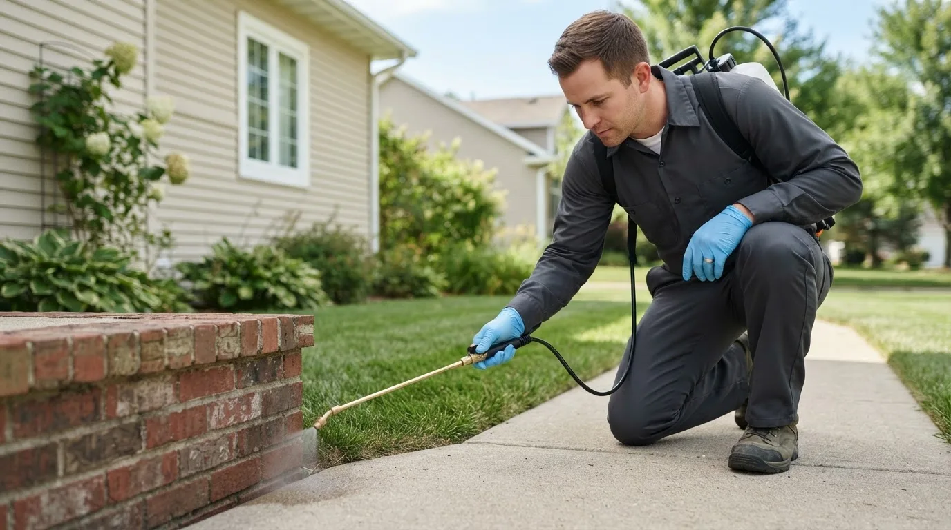 Pest control technician treating a home near Cloverdale, OH