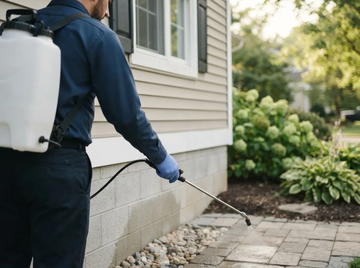 Pest control technician inspecting a home in Cloverdale, OH